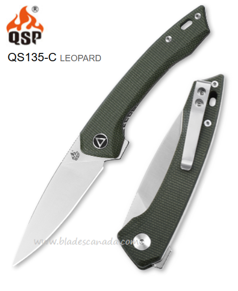QSP Leopard Flipper Folding Knife, 14C28N Sandvik, Micarta Green, QS135-C